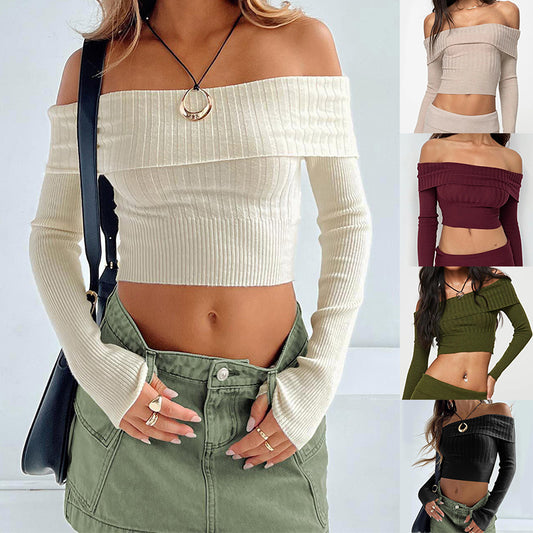 Boat neck long sleeve knitted sweater off-shoulder crop top