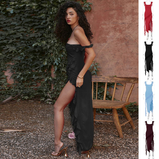 Ruffled thigh-high slit dress, spaghetti strap backless evening gown